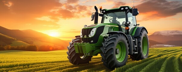Modern tractor standing in the  field with colorful sunset light, panorama. Generative Ai.