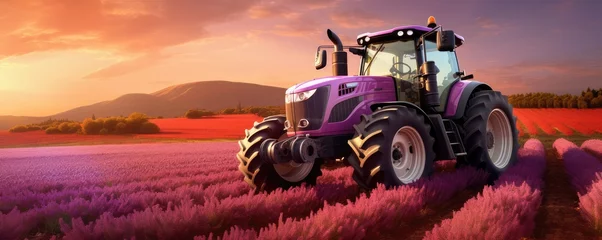 Wandaufkleber Modern tractor standing in the  field with colorful sunset light, panorama. Generative Ai. © annamaria