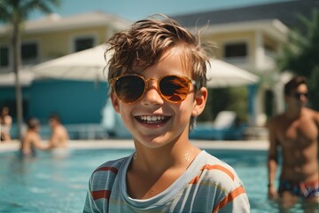 Happy kid boy with a sunglasses playing in the pool on a sunny summer day. Generative Ai. - obrazy, fototapety, plakaty