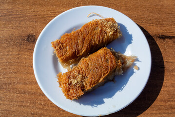 Baklawa on a white dish. 