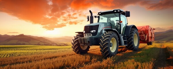 Modern tractor standing in the  field with colorful sunset light, panorama. Generative Ai.