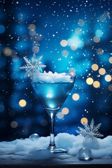 Winter-inspired blue cocktail with ice on blurred background with bokeh, stars and glitter. Christmas drink concept on snow-covered bar table 