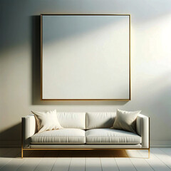 Art frame in vintage interior design with neutral and simple sofa. Canvas. Art.