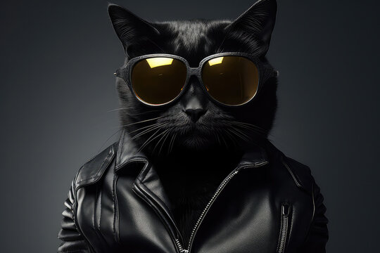 Stylish Black Cat With Leather Jacket And Sunglasses