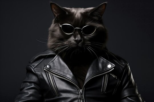 Stylish Black Cat With Leather Jacket And Sunglasses. Сoncept Animal Fashion, Feline Attire, Cool Cat Outfit, Trendy Pet Accessories