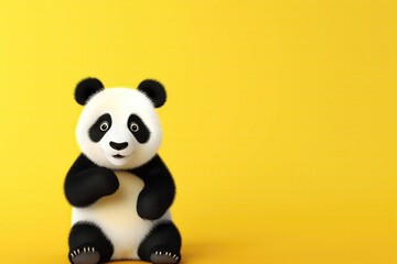 Surprised Panda Standing On Yellow Background. Сoncept Animal Portraits, Playful Props, Surprise Expressions, Vibrant Backgrounds