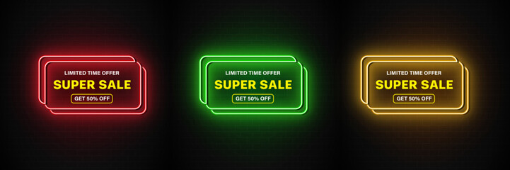 Editable Neon Discount Promotions Button, Glowing Neon light Effects, Super Sale Banner Vector illustrations. 