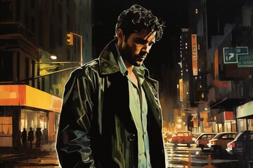 Obraz premium Portrait of a handsome man, in a city street, at night. Illustration poster in the style of 1960