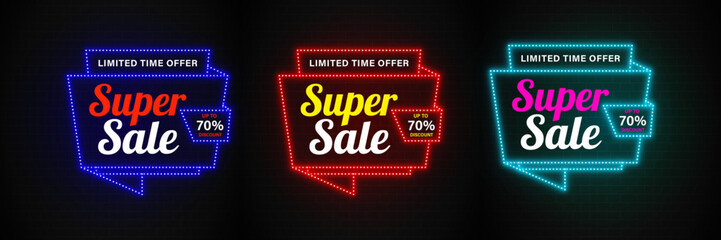 Editable Neon Discount Promotions Button, Glowing Neon light Effects, Super Sale Banner Vector illustrations. 