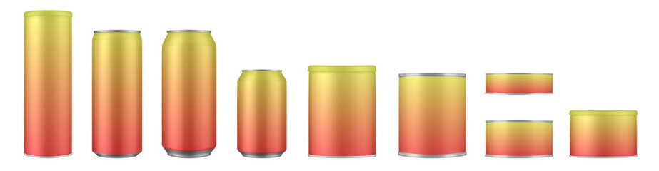 Set of yellow and orange tin cans and jars. Coffee or tea canister. Tin can for preserves or pet food. Beer, cocktail or soda can. Chips tube. Cookie jar. Round box for sugar or flour. Gradient colors - obrazy, fototapety, plakaty