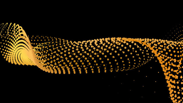 Data vibrate pulse dot particle wave. Abstract bulge hyperbola sinusoid. Infinity transition gradation 3d waveform background. Black gold.