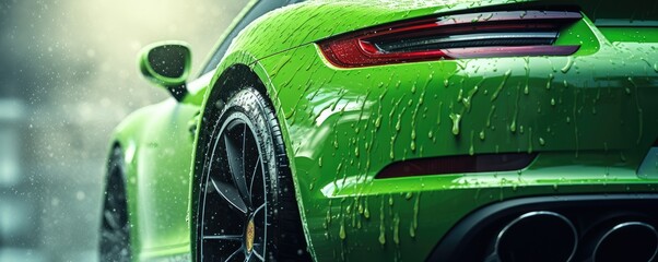 Close up view of luxury  sports car wash with fresh water drops, panorama. Generative Ai - Powered by Adobe