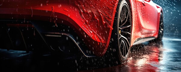 Close up view of luxury  sports car wash with fresh water drops, panorama. Generative Ai