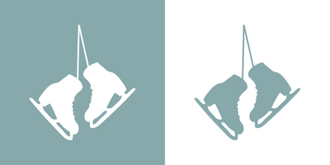 Logo winter sports. Silueta de un par de patines para hielo colgando de cordones. Botas para patinaje sobre hielo - obrazy, fototapety, plakaty