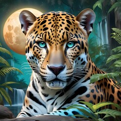 AI generated illustration of a jaguar in a green jungle - obrazy, fototapety, plakaty
