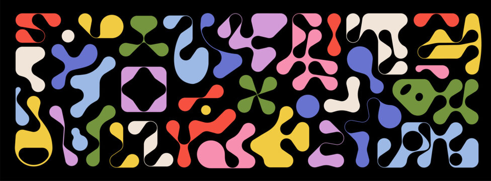 Set of vector random shapes. Fluid drop figures in brutalism style. Drop-shaped intricately curved shapes. Liquid spreading forms, splashes and smudges. brutalist objects in the y2k style
