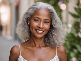 Beautiful black woman with smooth healthy face skin. Gorgeous aging mature woman with long gray hair and happy smiling. Beauty and cosmetics skincare advertising concept - obrazy, fototapety, plakaty
