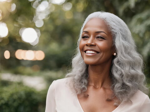 Beautiful senior black afro american woman with long gray hair