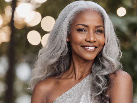 Beautiful senior black afro american woman with long gray hair