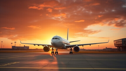 Fototapeta na wymiar Sunset view of airplane on airport runway under dramatic sky