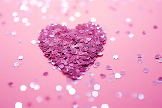 Pink glitter schlitter heart on pink glitter background as Valentine's Day background