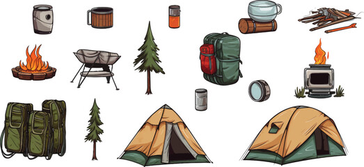 Set of camping illustration equipment on white background.