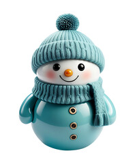 Cute smiling snowman figurine in blue hat and scarf. Christmas funny greeting card. New year decoration, close up isolated cutout on transparent or white background.