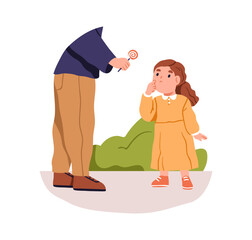 Stranger man giving, treating girl kid with sweet candy. Unknown person, pedophile offering lollipop to child. Maniac, pedophilia danger, risk. Flat vector illustration isolated on white background
