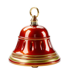 Red golden christmas bell. Winter holidays festive decoration. New year element close up isolated cutout on transparent or white background.