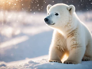 Deurstickers Small cute polar bear on the snow at sunset. Generative Ai © niki spasov