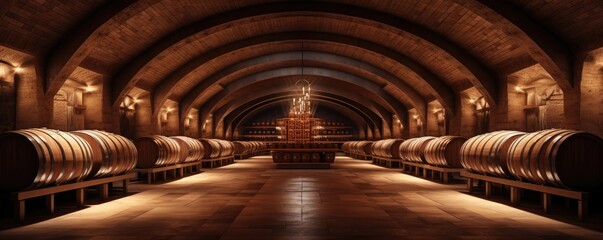 Modern luxury underground interior of old cellar with wine wooden barrels, panorama. Generative Ai. - obrazy, fototapety, plakaty