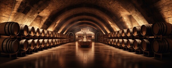 Modern luxury underground interior of old cellar with wine wooden barrels, panorama. Generative Ai. - obrazy, fototapety, plakaty