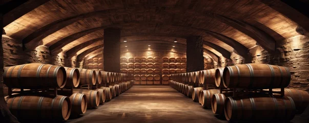 Fotobehang Modern luxury underground interior of old cellar with wine wooden barrels, panorama. Generative Ai. © annamaria