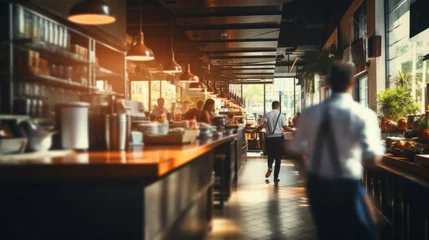 Keuken spatwand met foto Blurred customers walking fast showing their movement in a coffee shop, cafe or restaurant, Blurred restaurant background with some people and chefs and waiters working. © AI Visual Vault