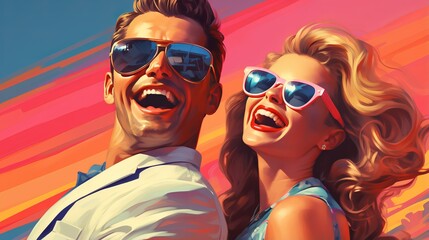 Vibrant portrait in retro pop art style of laughing couple in sunglasses capturing playful comic book aesthetics, symbolizes enduring joy of togetherness adventures, vibrant vintage promotional poster