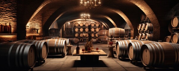 Modern luxury underground interior of old cellar with wine wooden barrels, panorama. Generative Ai.