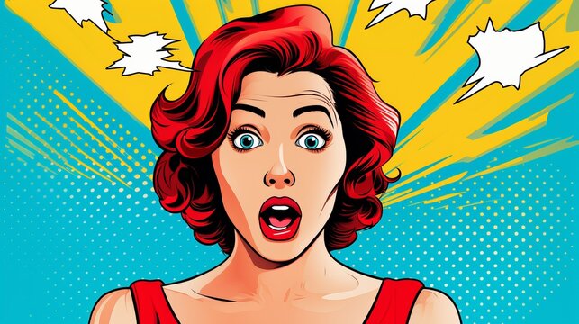 Vivid portrait of surprised woman in retro pop art style captures her astonishment with bold colors and dynamic shapes evoking spirit of 1960s, vintage advertising billboard of shocked female