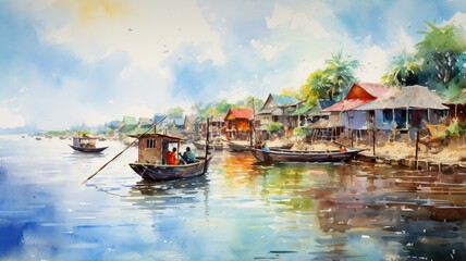 Fototapeta na wymiar Watercolor painting portraying scenic mekong river wallpaper image Ai generated art