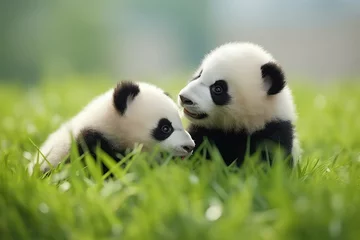 Gartenposter Two Cuddly Panda Babies Playing In The Green Grass © Anastasiia