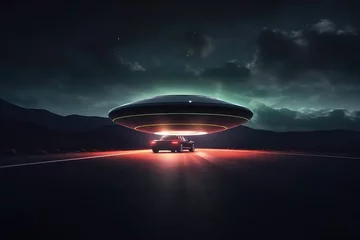 Gordijnen Ufo With Neon Lights Hovers Over Car On Road © Anastasiia