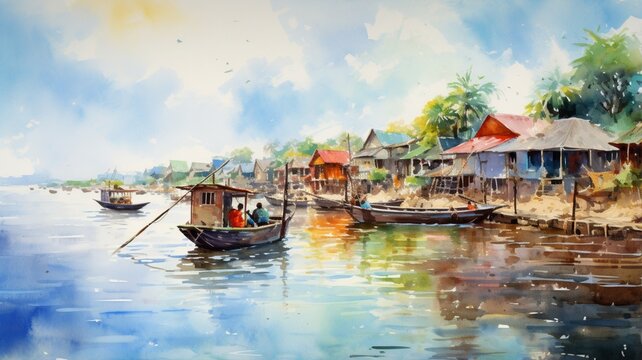 Watercolor painting portraying scenic mekong river wallpaper image Ai generated art