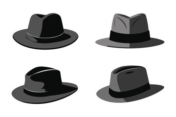 Black Fedora hat, gangster hat, men hat, trilby hat, vector illustration isolated on white background