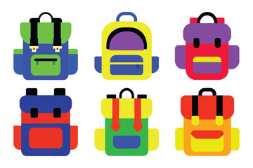 Set of colorful backpacks, student satchels, school backpack icons, vector illustration isolated