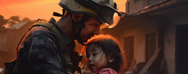 Volunteer Rescues Young Girl Amidst Earthquake Aftermath - obrazy, fototapety, plakaty