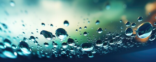 Macro water drops in blue clear drinking water, panorama banner. Generative Ai.