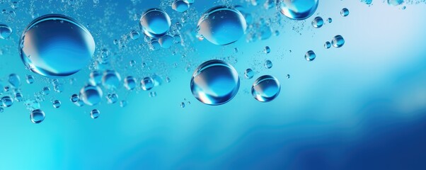 Macro water drops in blue clear drinking water, panorama banner. Generative Ai.