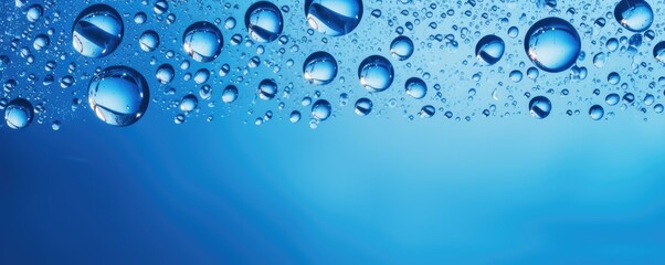 Macro water drops in blue clear drinking water, panorama banner. Generative Ai.