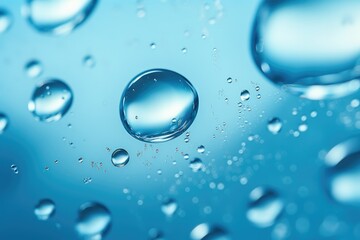 Macro water drops in blue clear drinking water. Generative Ai.