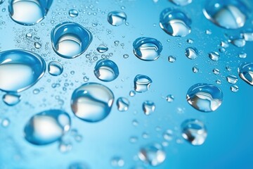 Macro water drops in blue clear drinking water. Generative Ai.