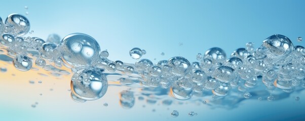 Macro water drops in blue clear drinking water, panorama banner. Generative Ai.